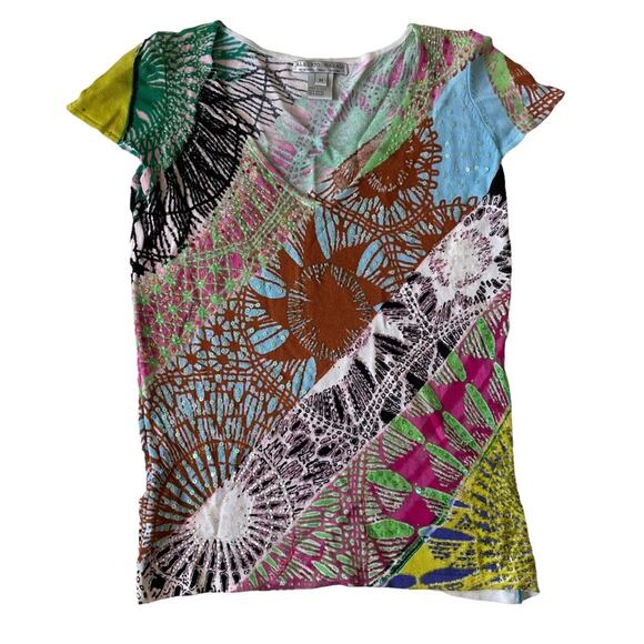 Alberto Makali Beaded Blouse Colorful Vibrant Abstract Geometric Sequin M GUC - Picture 1 of 12